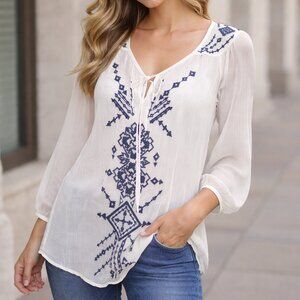 Maurices Embroidered Peasant Blouse M White Boho Sheer Top